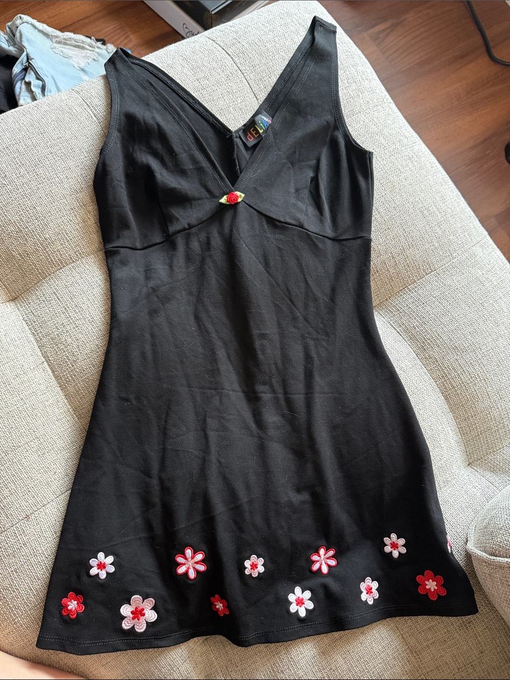 dELiA*s Black Mini Dress with Red & White embroidered Floral Trim